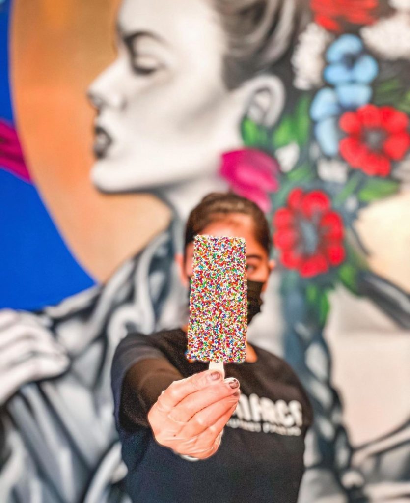 A colorful paleta, or Mexican handmade ice cream bar, at Monarca Paletas in Des Moines 