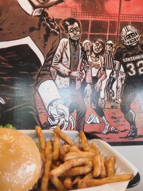A hamburger and fries at Zombie Burger