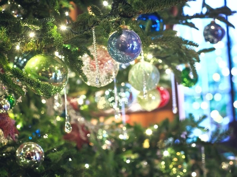 Up-close photo of ornaments on a tree