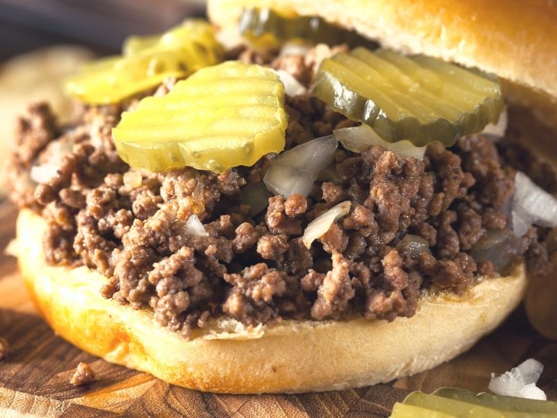 Up-close photo of a loose meat sandwich, a sandwich Iowa is known for