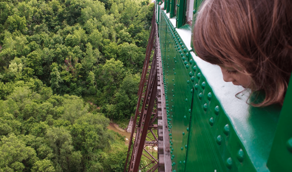 A girl looking down from a car on the Boone & Scenic Valley Railroad