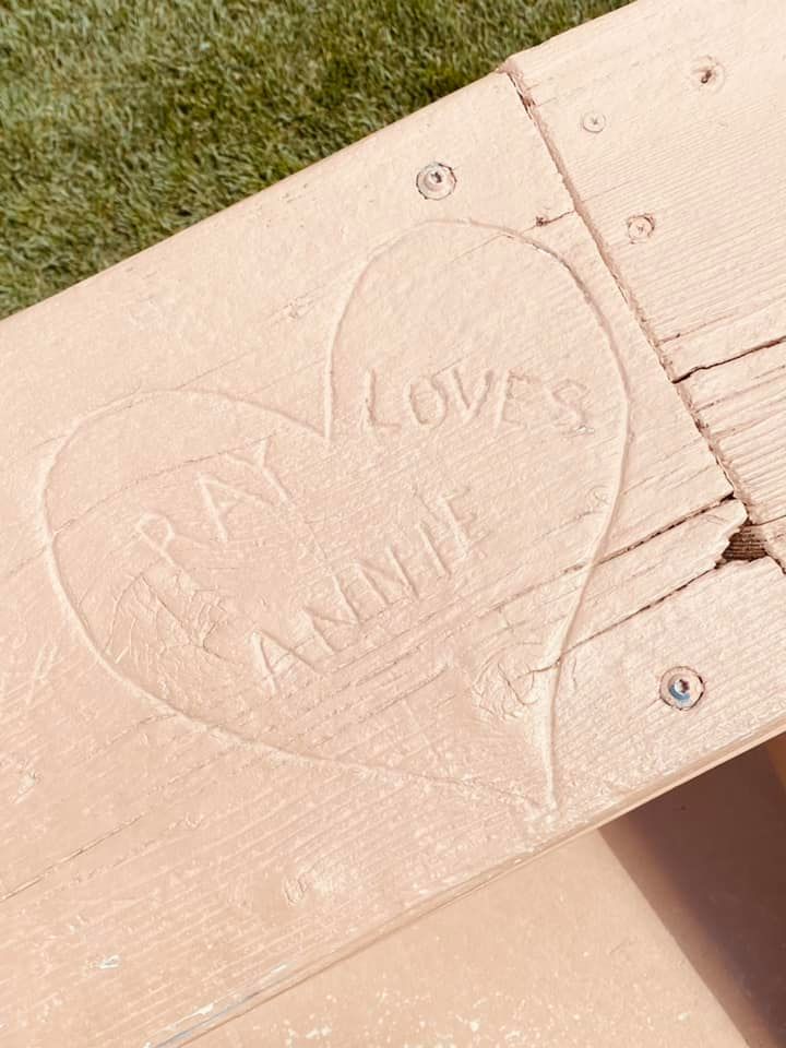 The "Ray loves Annie" etching in the bleachers at Field of Dreams
