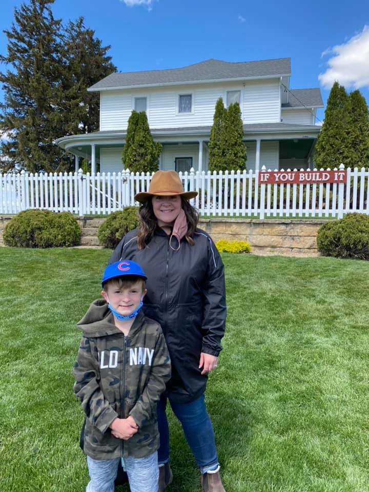Tiffany and her son in front of the Kinsella family home from the movie "Field of Dreams."