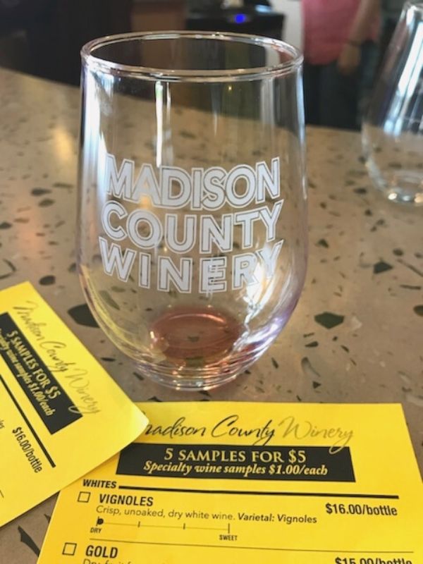Madison County Winery glass and sample cards