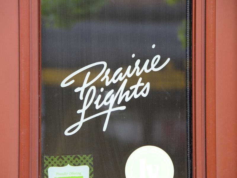 The door to Prairie Lights bookstore