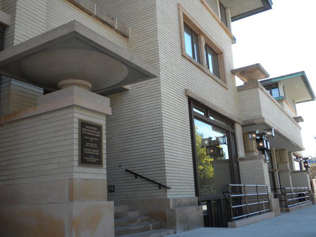The exterior of the Frank Lloyd Wright designed Historic Park Inn Hotel in Mason City, Iowa