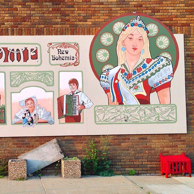 A mural celebrating Czech and Slovak heritage in Cedar Rapids, Iowa