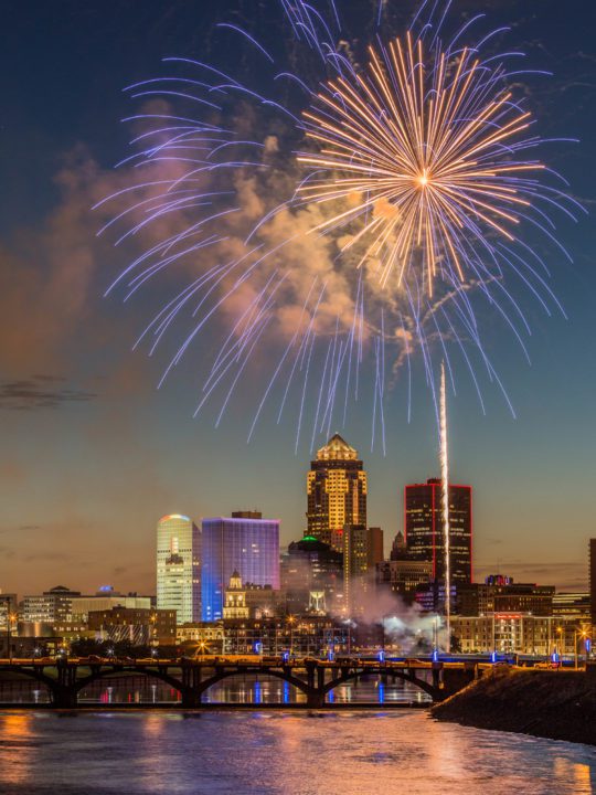 Fourth of July fireworks with the Des Moines skyline in the background