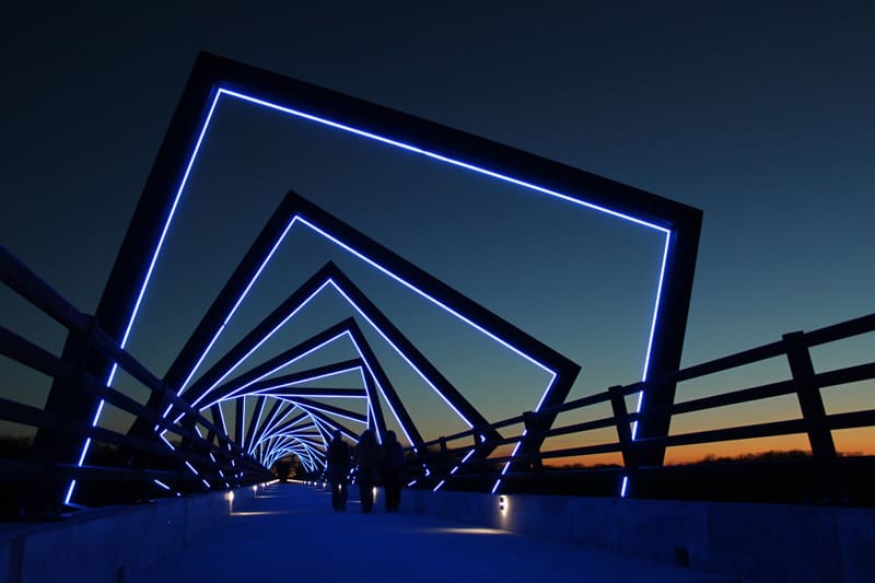 The High Trestle Bridge lit at night time in central Iowa 