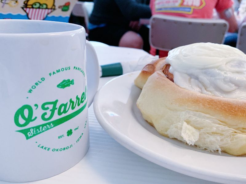 A cup of coffee and a huge cinnamon roll at O’Farrell Sisters in Okoboji