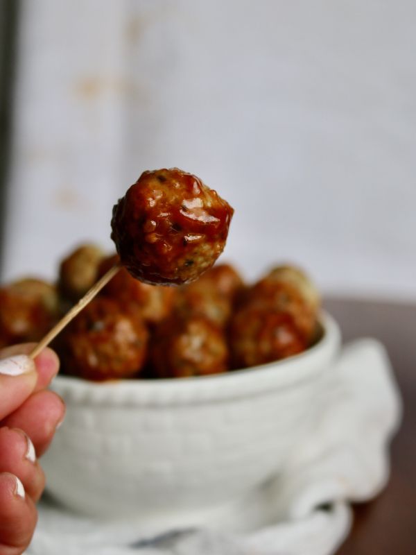 A ham ball on a toothpick