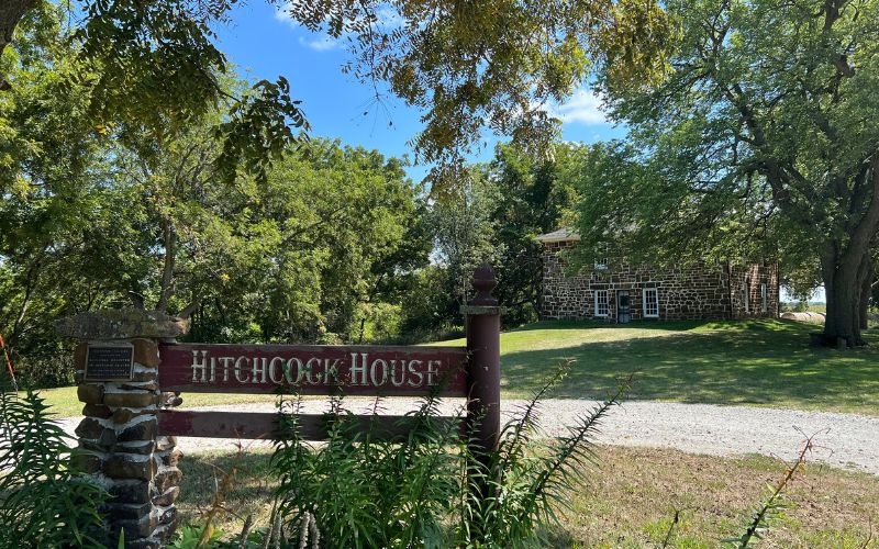 A sign for Hitchcock House, a stop in the Underground Railroad in Iowa