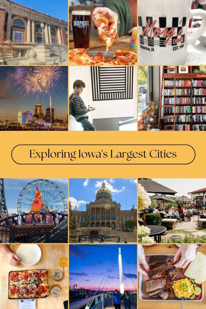A visitor's guide to 10 largest cities in Iowa, with tips on the top attractions and best restaurants in each city. Cities include Des Moines, Cedar Rapids, Davenport, Ames, Waterloo, Iowa City, West Des Moines, Ankeny, and Council Bluffs.