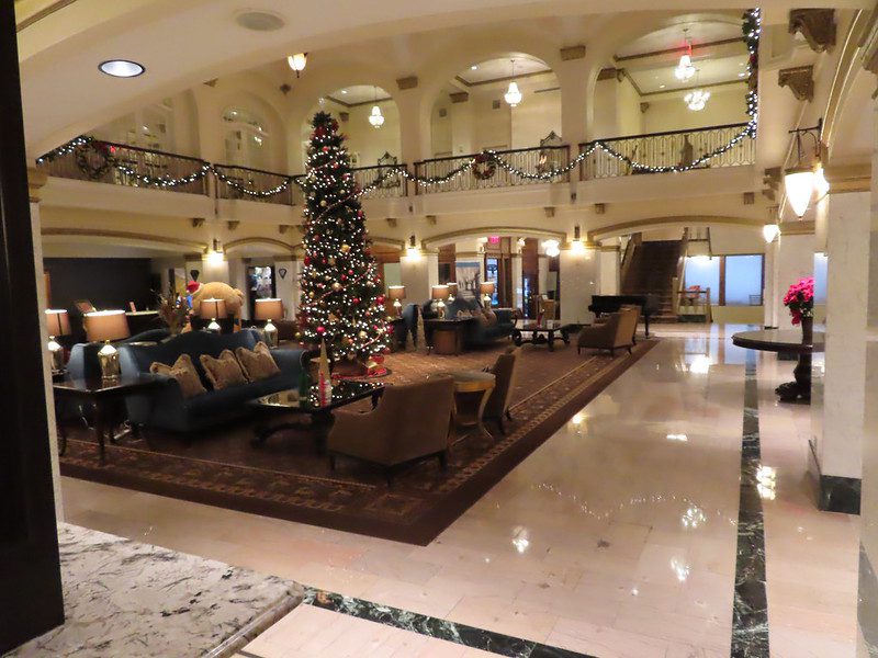 Lobby of Blackhawk Hotel decorated for Christmas 