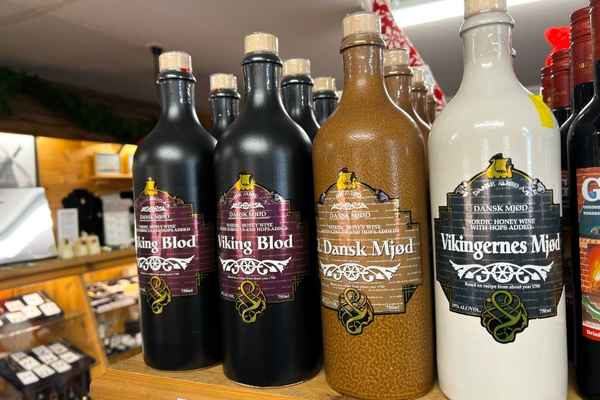 Bottles of Danish drinks at the gift shop at the Danish Windmill in Elk Horn, Iowa