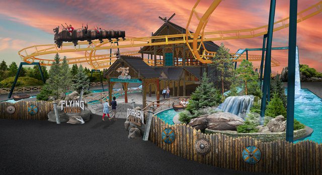 Artist rendering of two new rides at Adventureland Resort: Flying Viking and Draken Falls