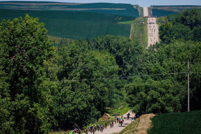 RAGBRAI riders on hilly roads in Iowa