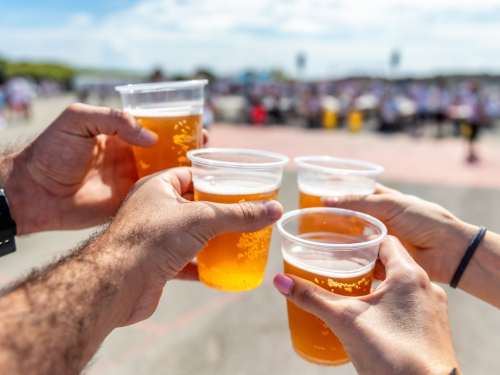 Four people hold plastic cups of beer at a beer festival