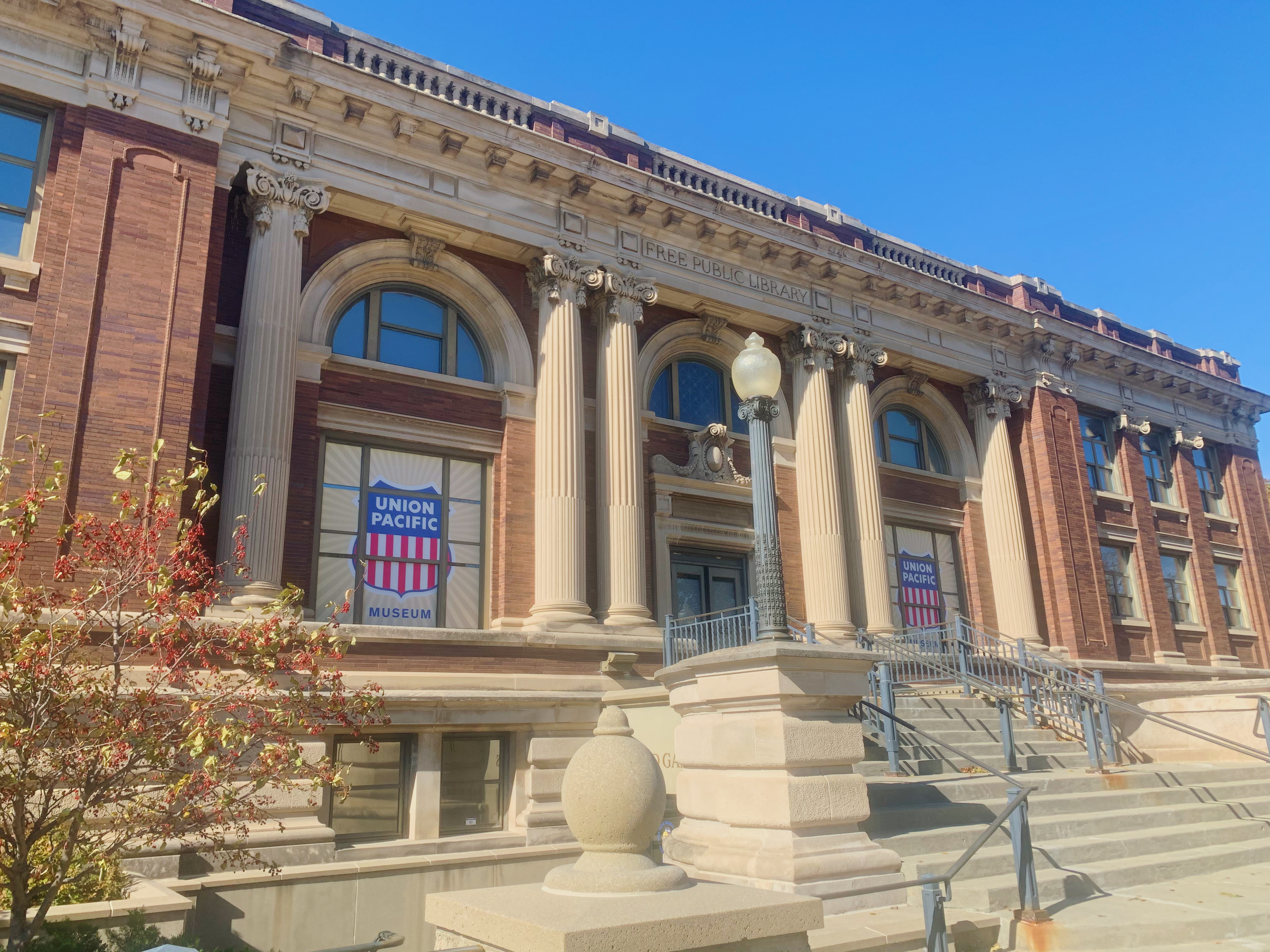 The Union Pacific Railroad Museum, a large brick building that was once a Carnegie Library.