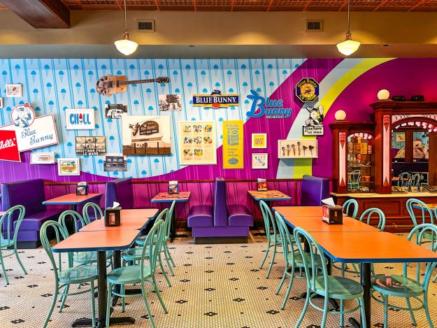 The colorful dining room at the ice cream parlor at the Wells Visitor Center in Le Mars, Iowa