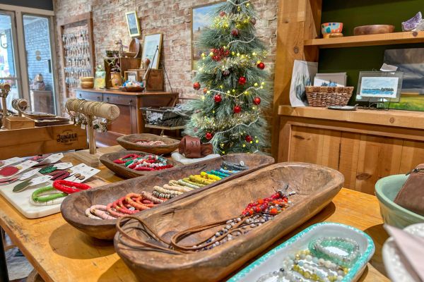 Necklaces and bracelets on display at Juniper Metal Works in Glenwood