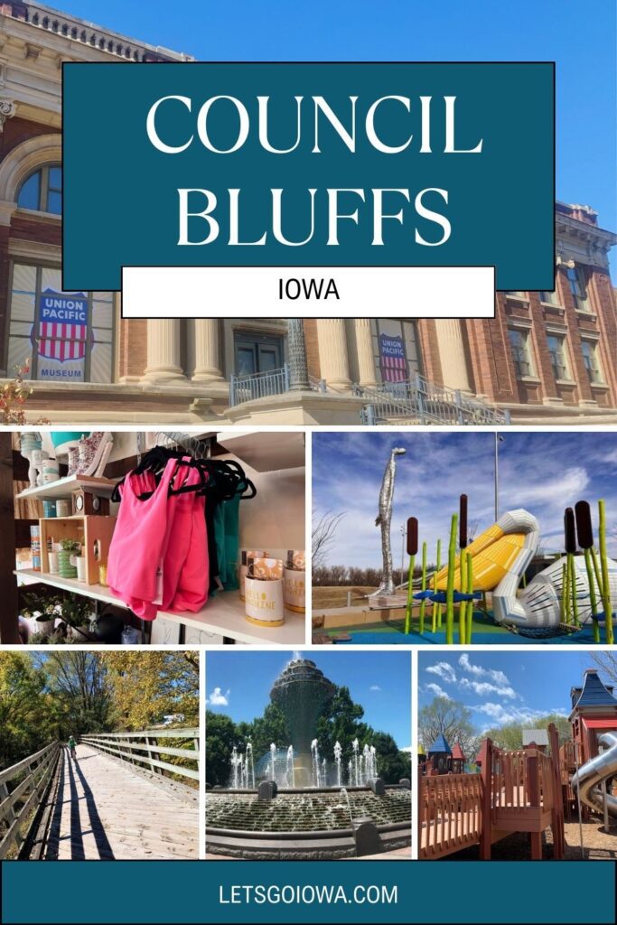 Photo collage of some of the best Council Bluffs attractions, including the Union Pacific Railroad Museum, Rivers Edge Park, Lake Manawa State Park, and more!