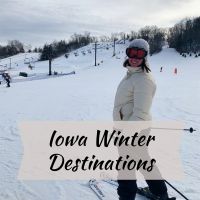 A woman in white at a small ski resort with the words "Iowa Winter Destinations" written over the image