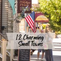 Downtown Le Claire Iowa storefronts with the text "12 Charming Small Towns" over the picture