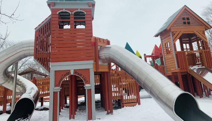 A snow day at Dream Playground at Lake Manawa State Park in Council Bluffs