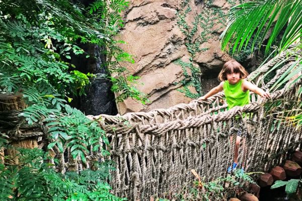 A young girl walks across a bridge inside the Discovery Center at Blank Park Zoo